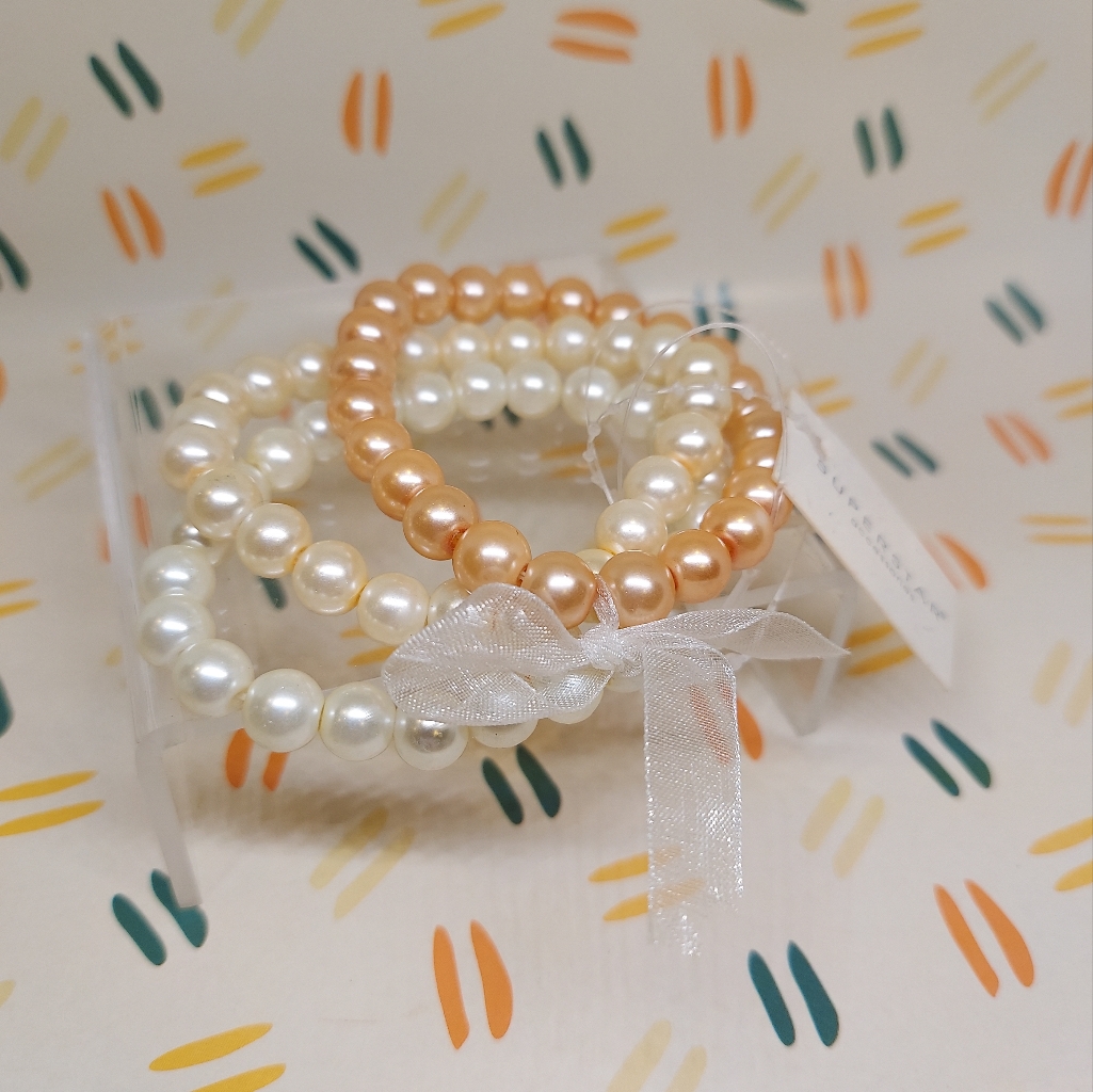 3 Faux Pearl Stretchy Bracelets White, Cream, And Peach